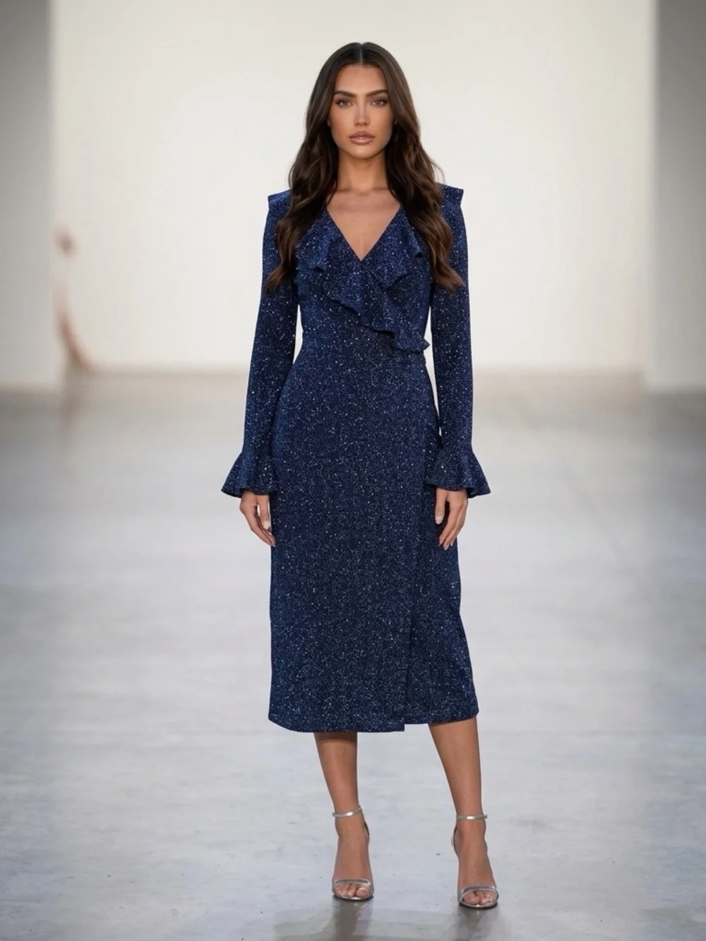 Free People Metallic Wrap Maxi Dress Navy Blue Ruffle Bell Sleeve Large - Picture 1 of 14